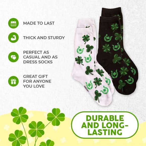 Luck Irish Four Leaf Clover Shamrock Horseshoe Green Foozys 2 Pair Women's Socks - Picture 5 of 5